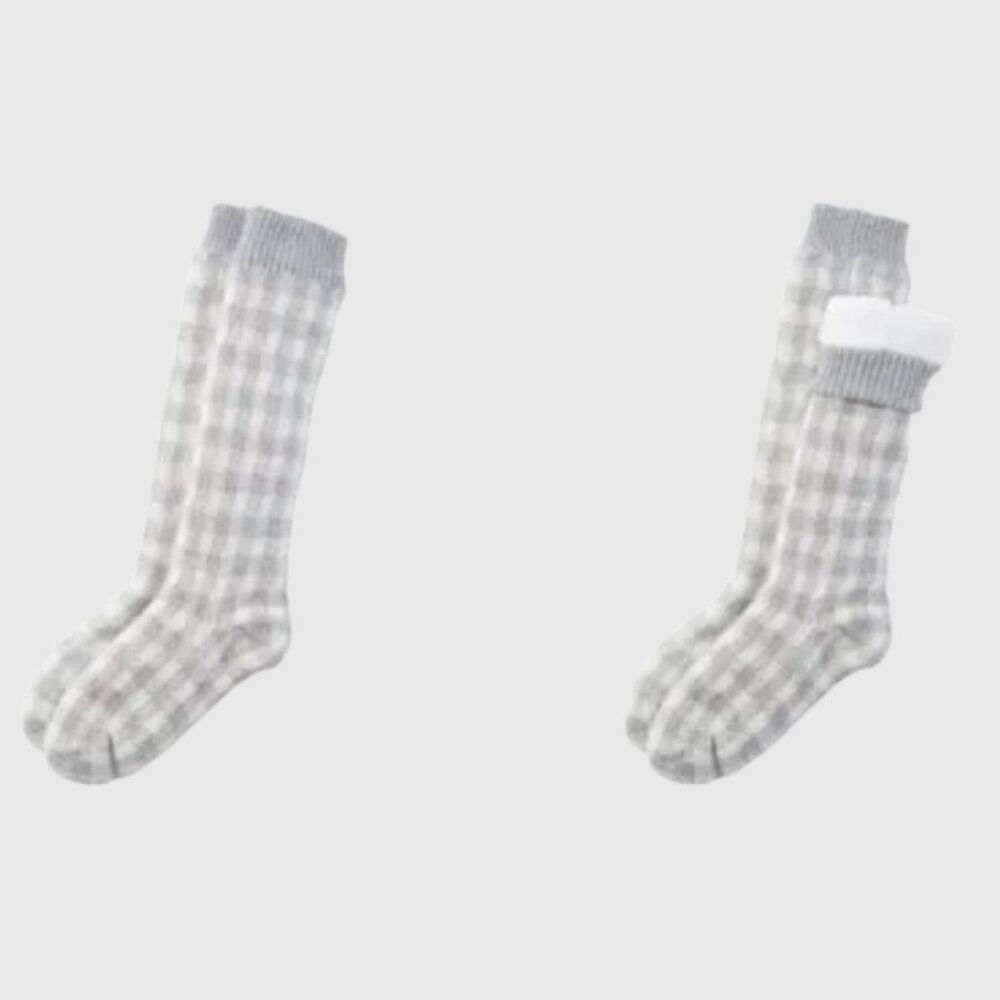 Indigo Sherpa-Lined Gingham Print Reading Socks - Grey & Cream